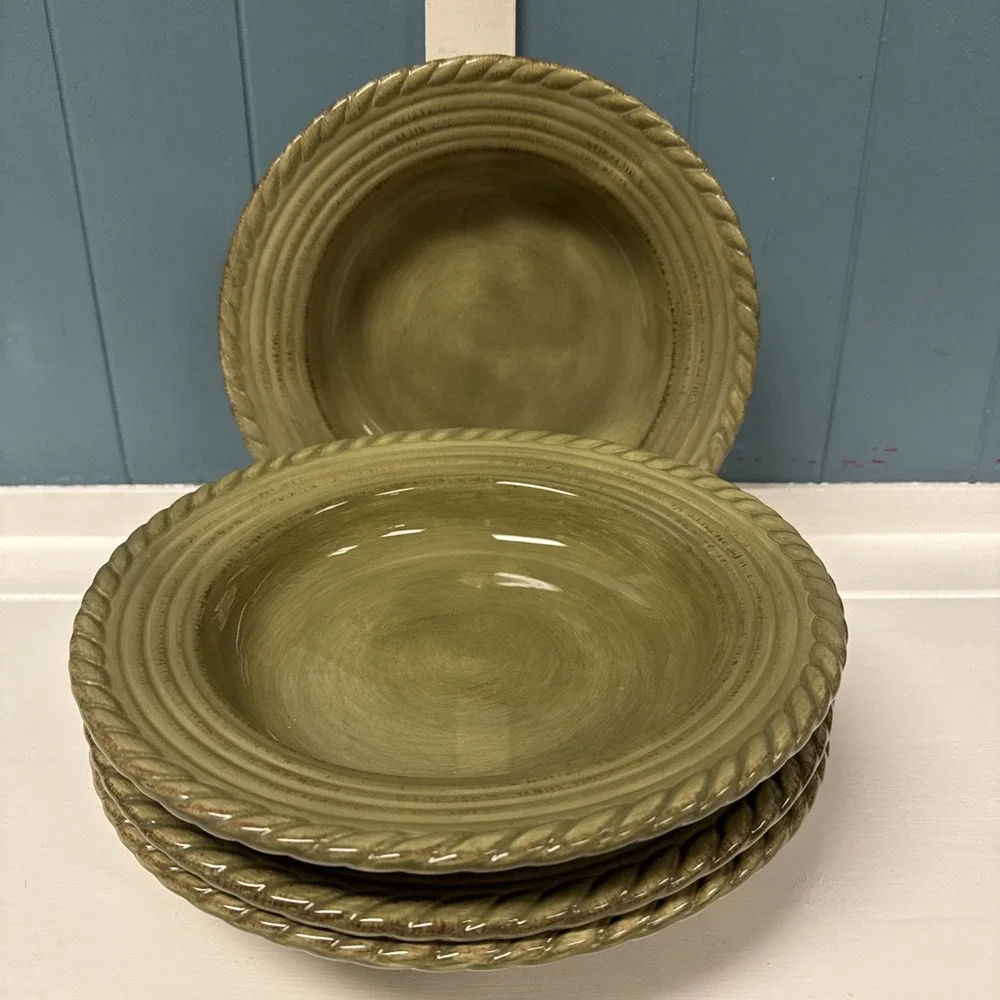 Set‎ Of 4 Z Gallerie LUCCA Rope Pattern Pasta Soup Bowls Green 10.5